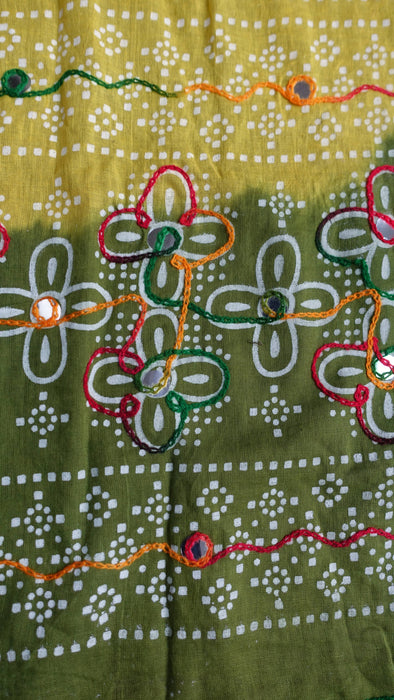 Green And Yellow Cotton Bandhani Print Dupatta - New