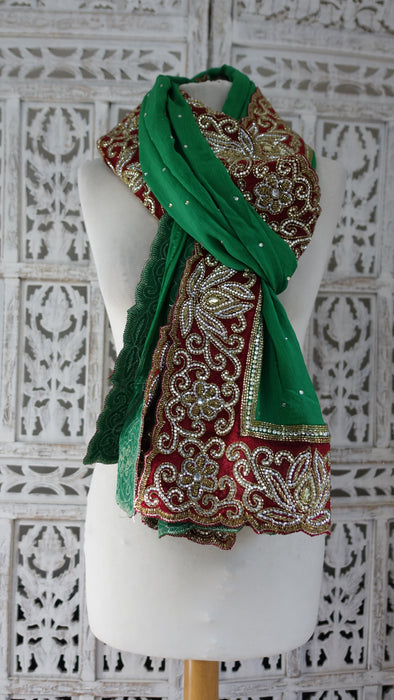 Green Crushed Silk Beaded Dupatta - New