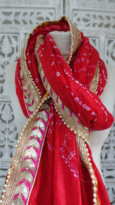Red Crushed Bandhani Print Dupatta - Preloved