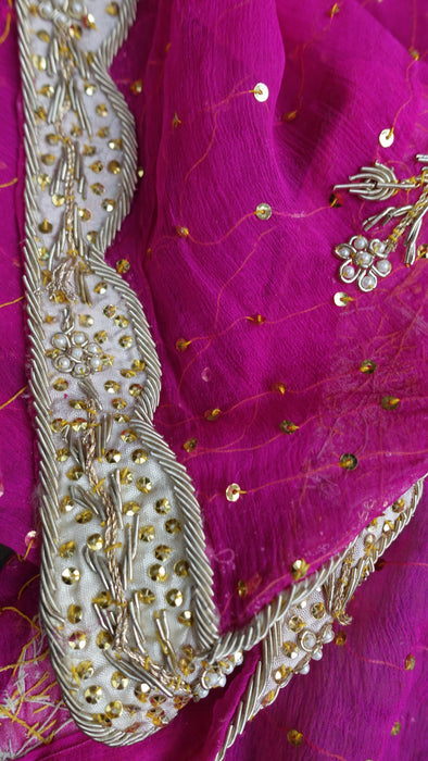 Hot Pink Silk Chiffon Vintage Wedding Dupatta - Preloved