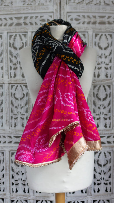 Black And Pink Bandhani Dupatta - New