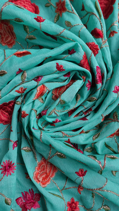 Aqua Floral Embroidered Dupatta - New