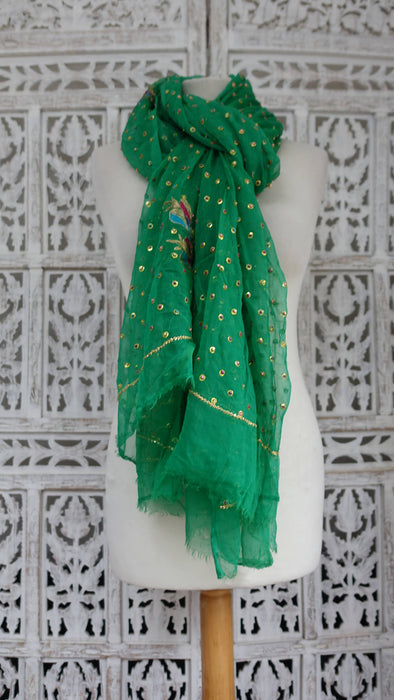 Emerald Green Silk Chiffon Vintage Dupatta - New