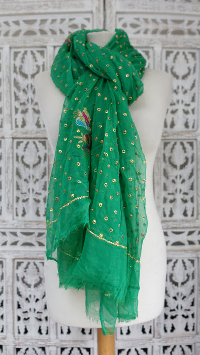 Emeralld Green Silk Chiffon Vintage Dupatta - New
