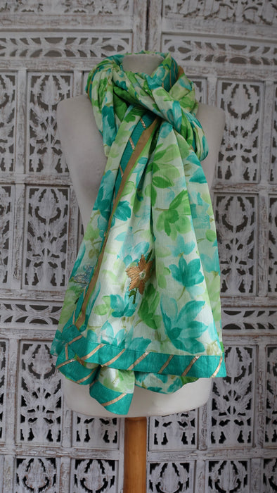 Green Floral Print Dupatta With Large Braid Flowers - New