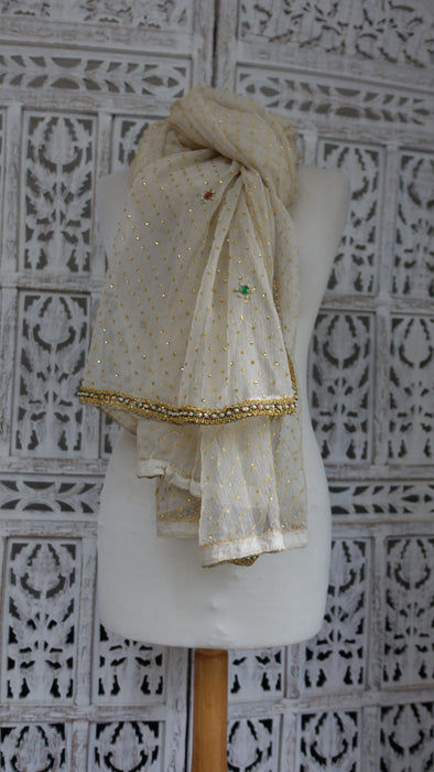 Cream And Gold Vintage Sequinned Dupatta - New