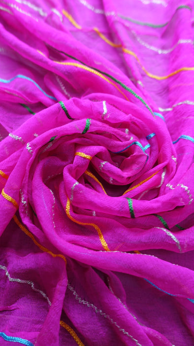 Hot Pink Vintage Embroidered Silk Chiffon Dupatta - New