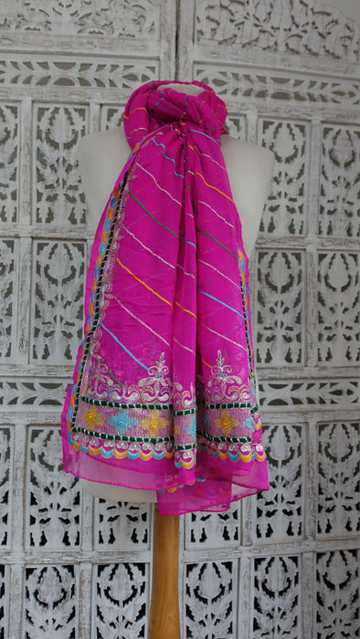 Hot Pink Vintage Embroidered Silk Chiffon Dupatta - New
