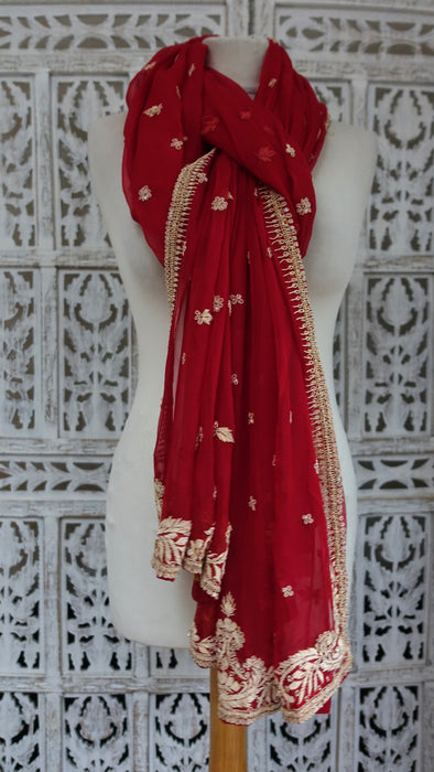 Red Silk Chiffon Vintage Wedding Dupatta - New