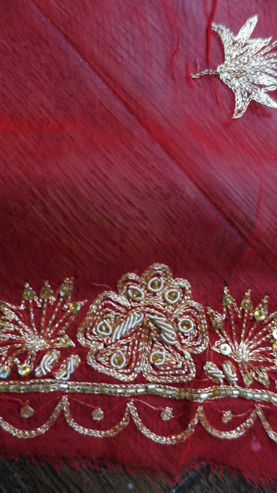 Red Vintage Silk Chiffon Wedding Dupatta - New