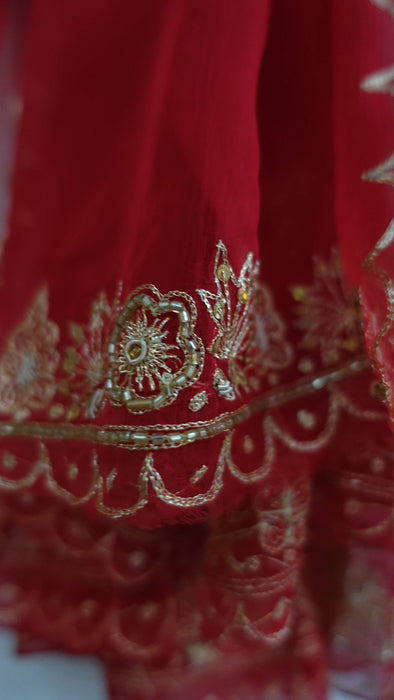 Red Silk Chiffon Vintage Wedding Dupatta - New