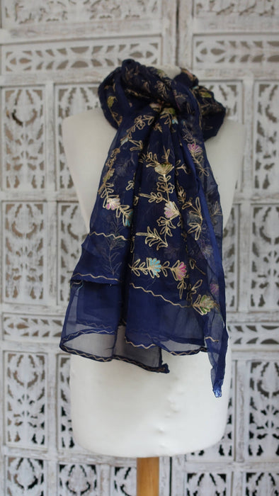Dark Blue Vintage Embroidered Dupatta - New