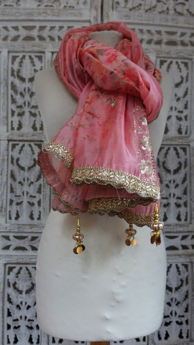 Pink Floral Chiffon Dupatta  With Gold Latkans - New