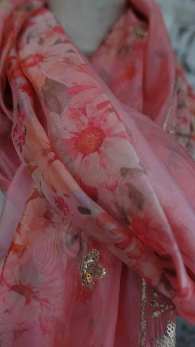 Pink Floral Chiffon Dupatta  With Gold Latkans - New