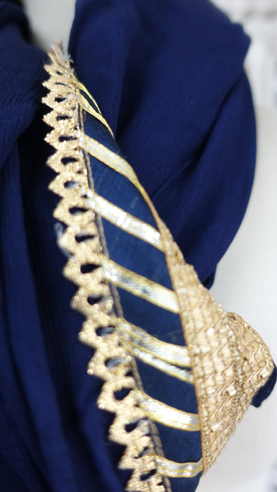 Navy Blue Chiffon Dupatta With Gold Braid Trim - New