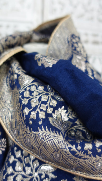 Navy Blue Banarsi And Gold Shawl - New