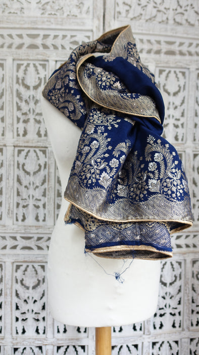 Navy Blue Banarsi And Gold Shawl - New