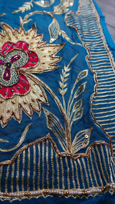 Blue Silk Chiffon Vintage Embroidered Dupatta - New