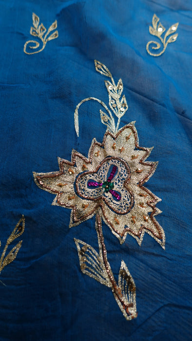 Blue Silk Chiffon Vintage Embroidered Dupatta - New