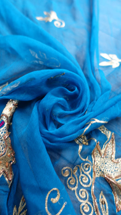 Blue Silk Chiffon Vintage Embroidered Dupatta - New
