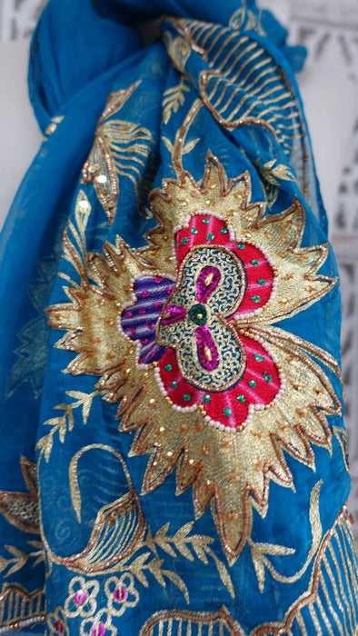 Blue Silk Chiffon Vintage Embroidered Dupatta - New