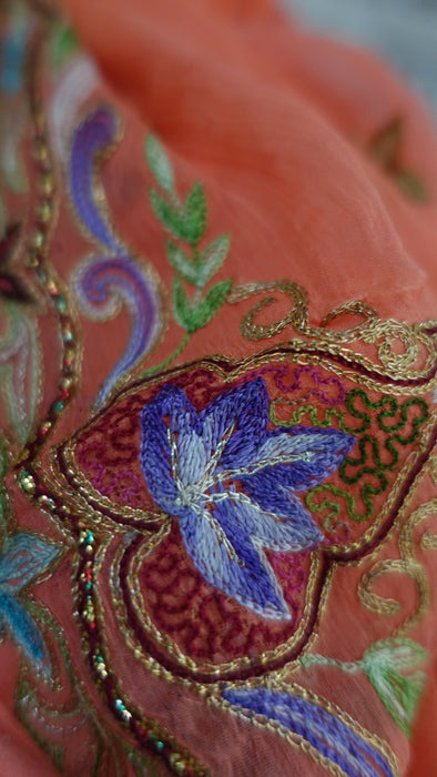 Coral Silk Chiffon Vintage Embroidered Dupatta - Preloved