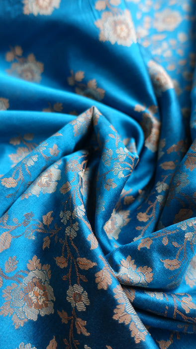 Blue Vintage Floral Woven Silk Shawl - New