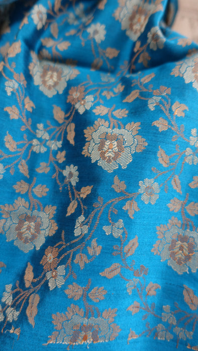 Blue Vintage Floral Woven Silk Shawl - New
