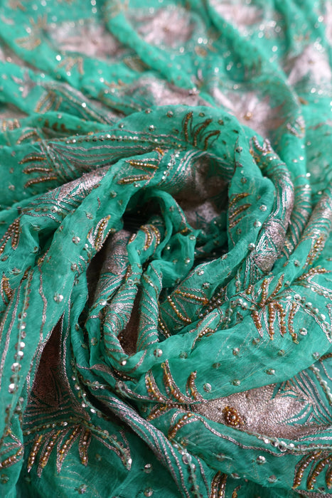 Green Vintage Embroidered Silk Chiffon Dupatta - Preloved
