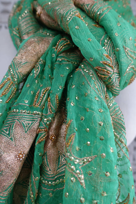Green Vintage Embroidered Silk Chiffon Dupatta - Preloved