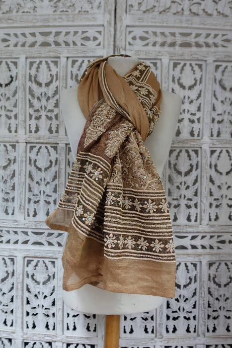 Caramel Linen Silk Blend Vintage Dupatta - Preloved