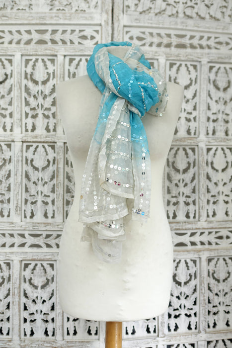 Blue And White Sequinned Vintage Dupatta - Preloved