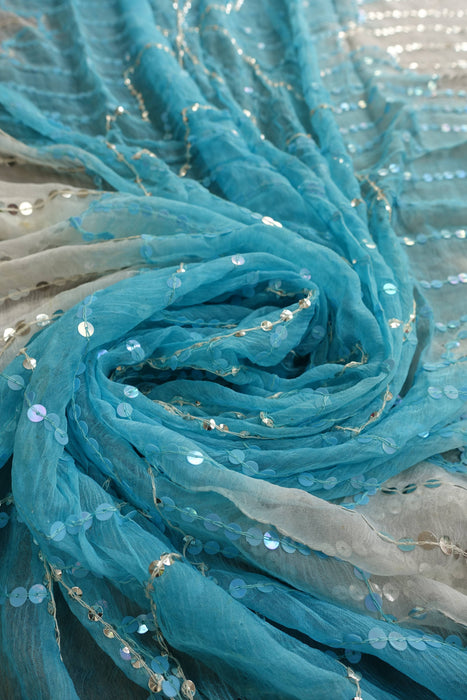 Blue And White Sequinned Vintage Dupatta - Preloved
