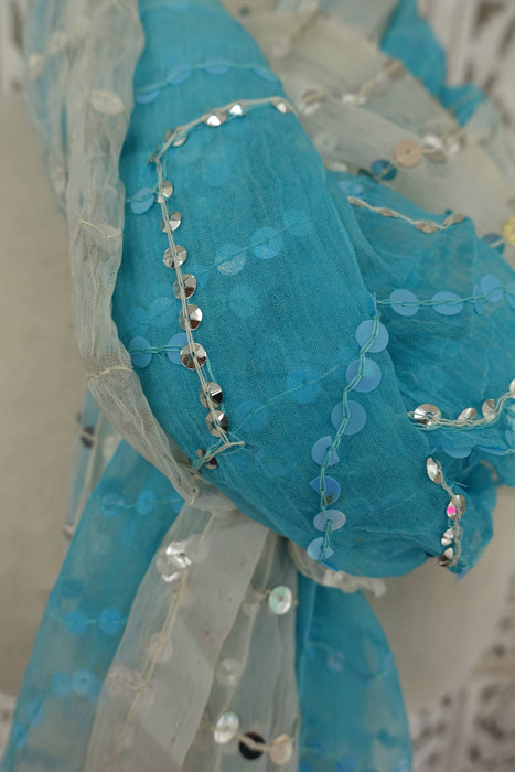 Blue And White Sequinned Vintage Dupatta - Preloved