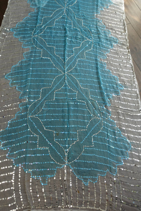 Blue And White Sequinned Vintage Dupatta - Preloved
