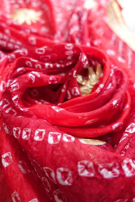 Red Bandhani Gold Flower Applique Dupatta - New