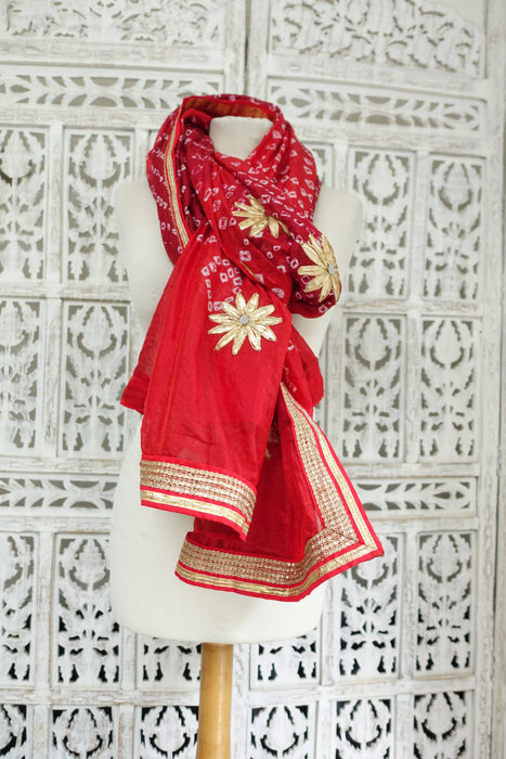 Red Bandhani Gold Flower Applique Dupatta - New