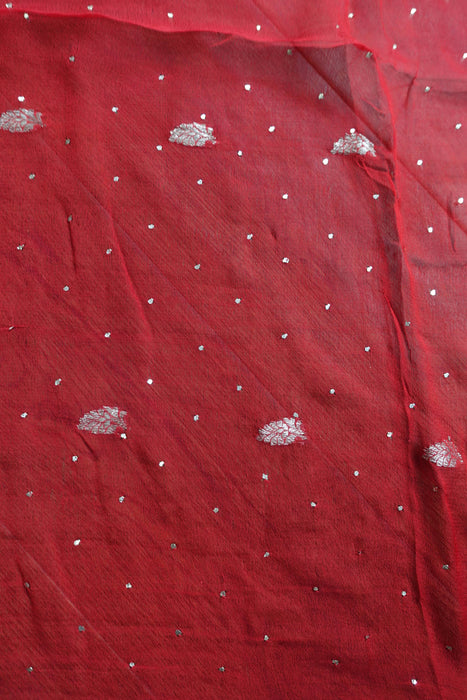 Red Pure Silk Chiffon Banarsi Dupatta - New