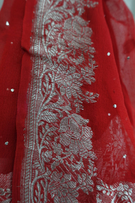 Red Pure Silk Chiffon Banarsi Dupatta - New