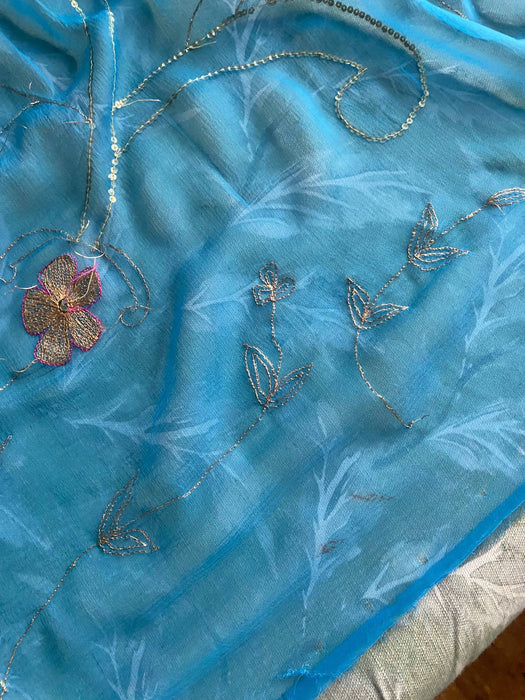Peacock Blue Vintage Chiffon Embellished Dupatta - New