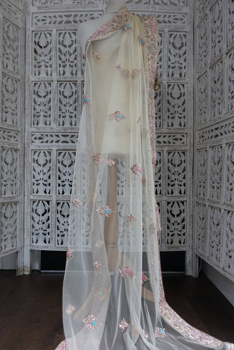 Cream Net With Heavy Silk Zardosi - New