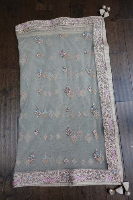 Cream Net With Heavy Silk Zardosi - New