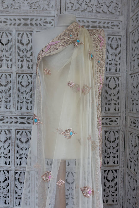 Cream Net With Heavy Silk Zardosi - New