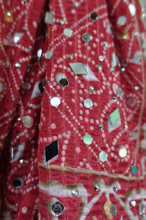 Red Bandhani Print With Mirror Work - New