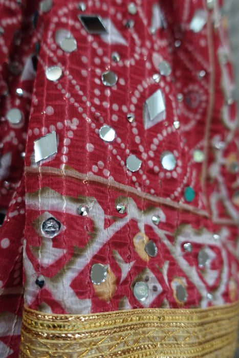 Red Bandhani Print With Mirror Work - New