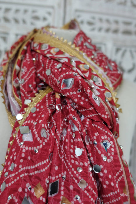 Red Bandhani Print With Mirror Work - New