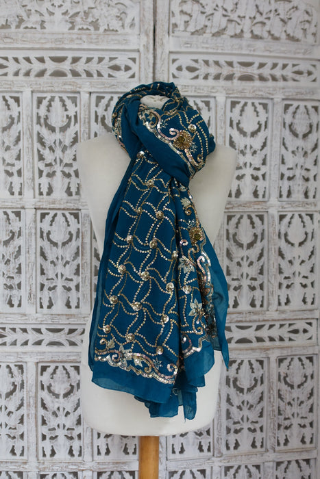 Teal Sequined Crushed Silk Dupatta - New