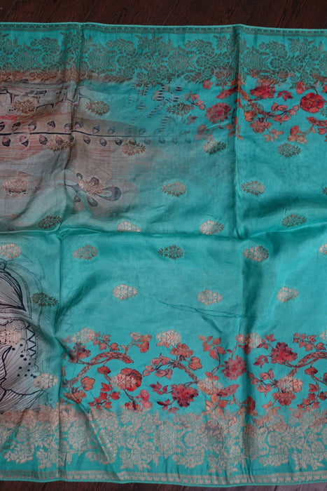 Jade Green Printed Chanderi Silk Shawl - New