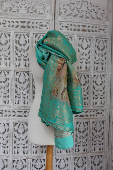 Jade Green Printed Chanderi Silk Shawl - New
