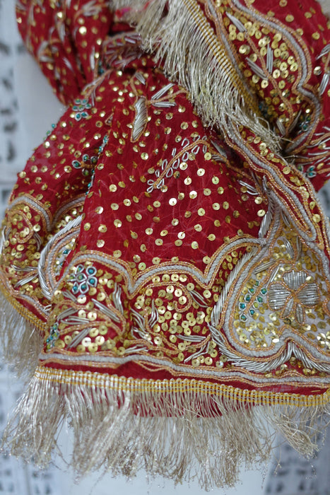 Red Vintage Wedding Dupatta With Heavy Gold Fringe